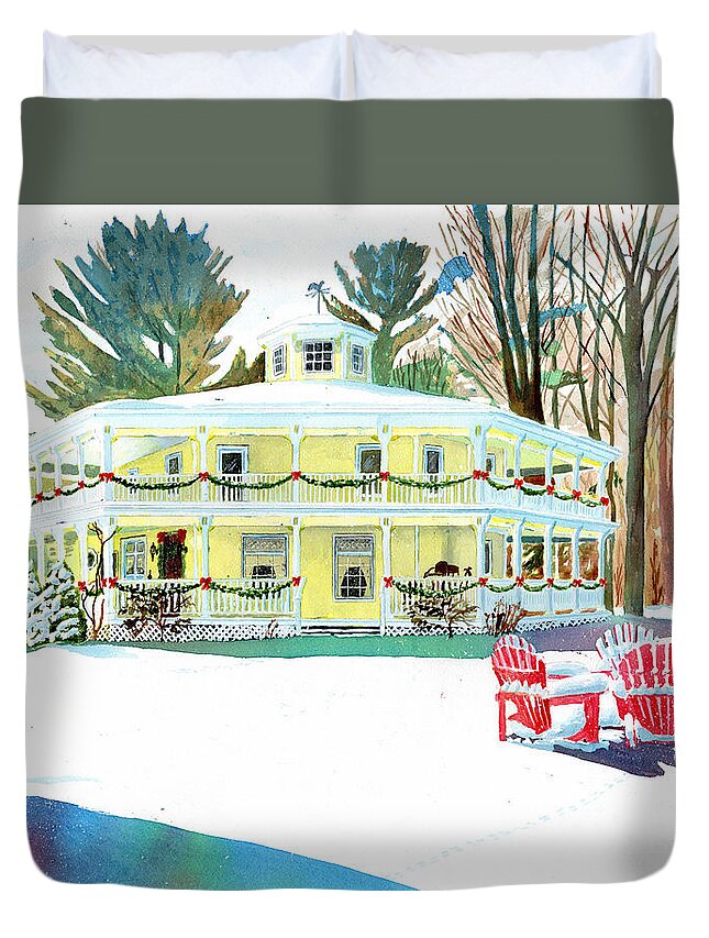 Hexagon House Duvet Cover featuring the painting Christmas at the Hexagon House by LeAnne Sowa