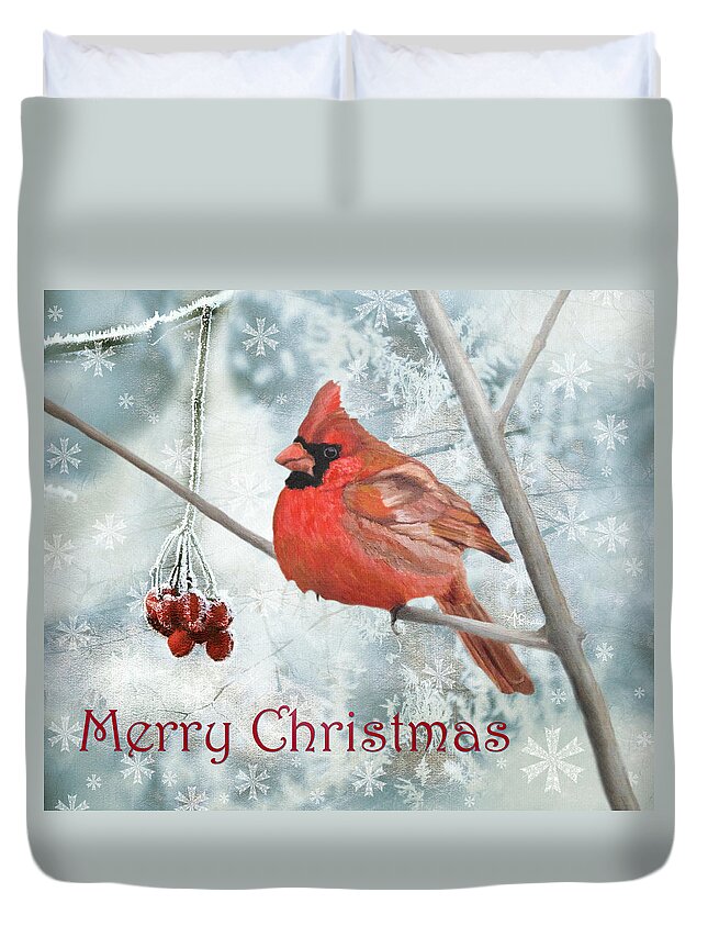Cardinal Duvet Cover featuring the painting Christmas Cardinal by Angeles M Pomata
