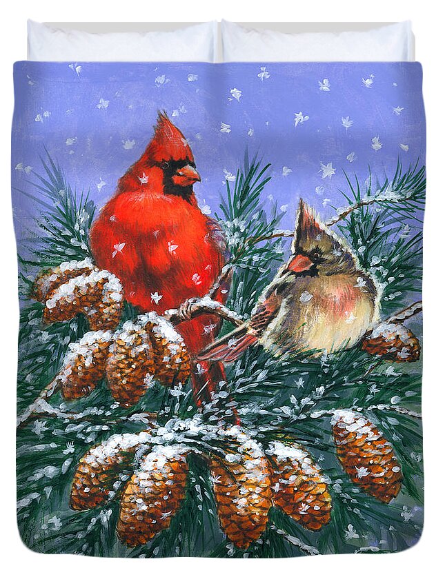 Cardinal Duvet Cover featuring the painting Christmas Cardinals #1 by Richard De Wolfe