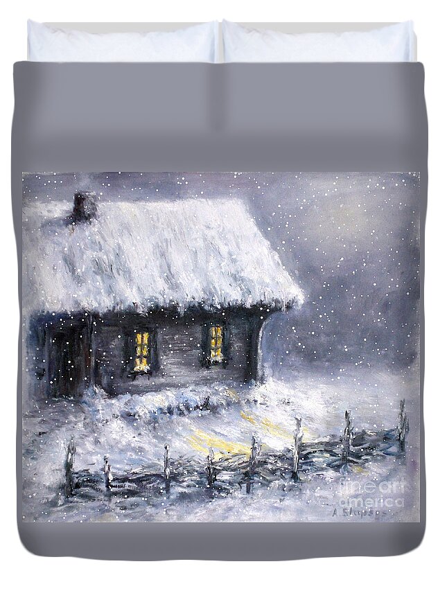 Landscape Duvet Cover featuring the painting Christmas eve by Arturas Slapsys