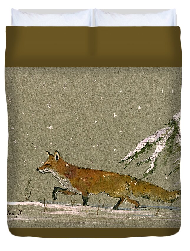 Fox In The Snow Duvet Cover featuring the painting Christmas fox snow by Juan Bosco