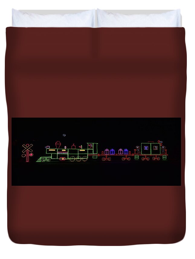 Linda Brody Duvet Cover featuring the photograph Christmas Lights Train Panorama by Linda Brody