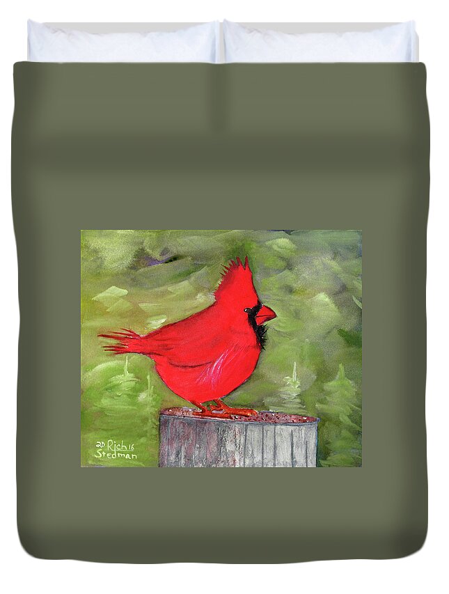 Red Duvet Cover featuring the painting Christopher Cardinal by Richard Stedman