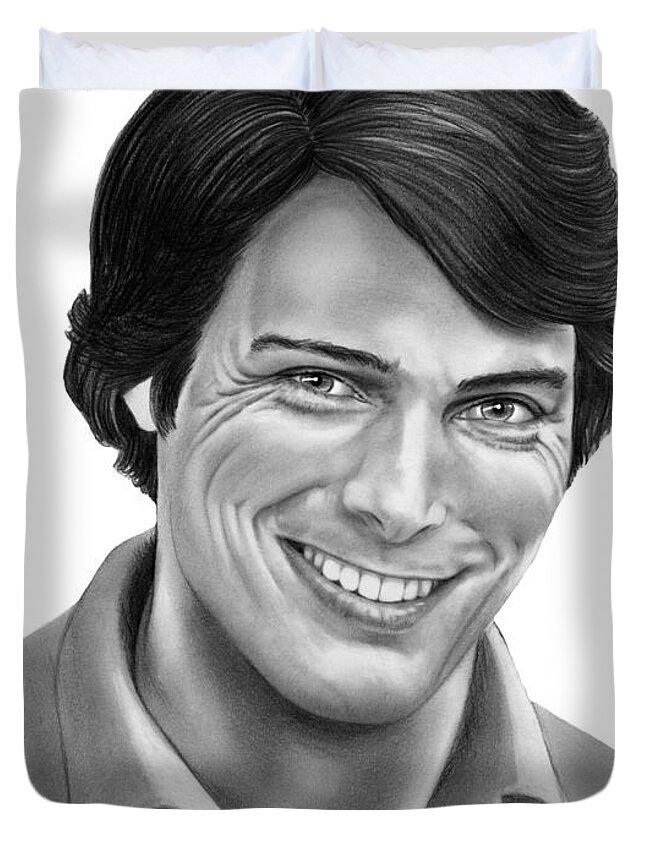 Pencil Duvet Cover featuring the drawing Christopher Reeve by Murphy Elliott