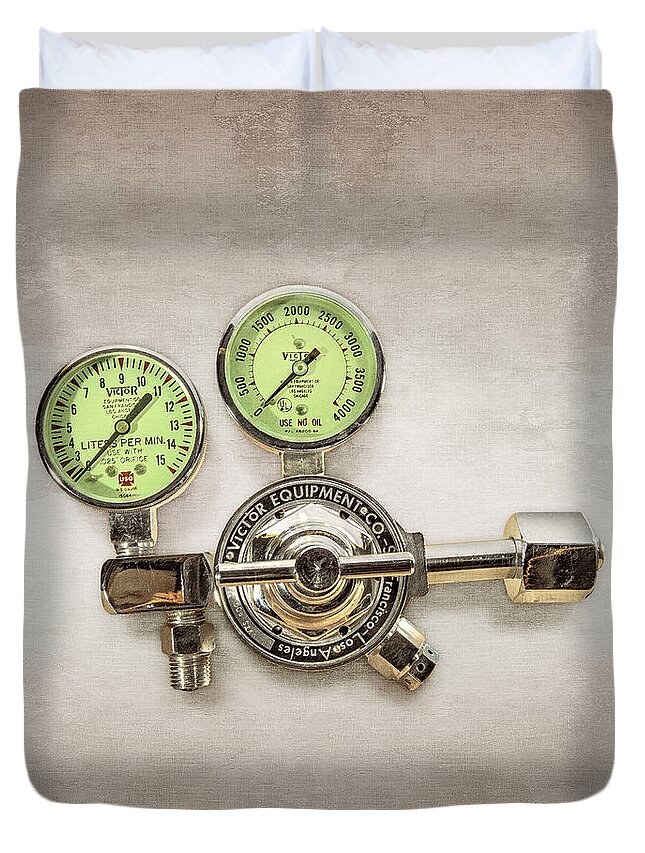Bottle Duvet Cover featuring the photograph Chrome Regulator Gauges by YoPedro