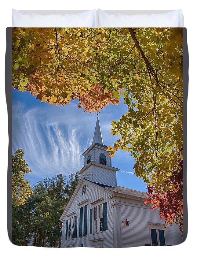 #jefffolger Duvet Cover featuring the photograph Church with Mares tails above and fall foliage below by Jeff Folger