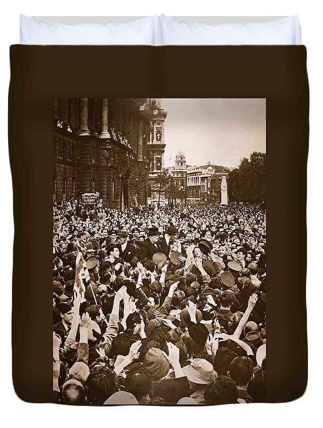 Churchill Duvet Cover featuring the photograph Churchill mobbed in Whitehall on VE Day by English School
