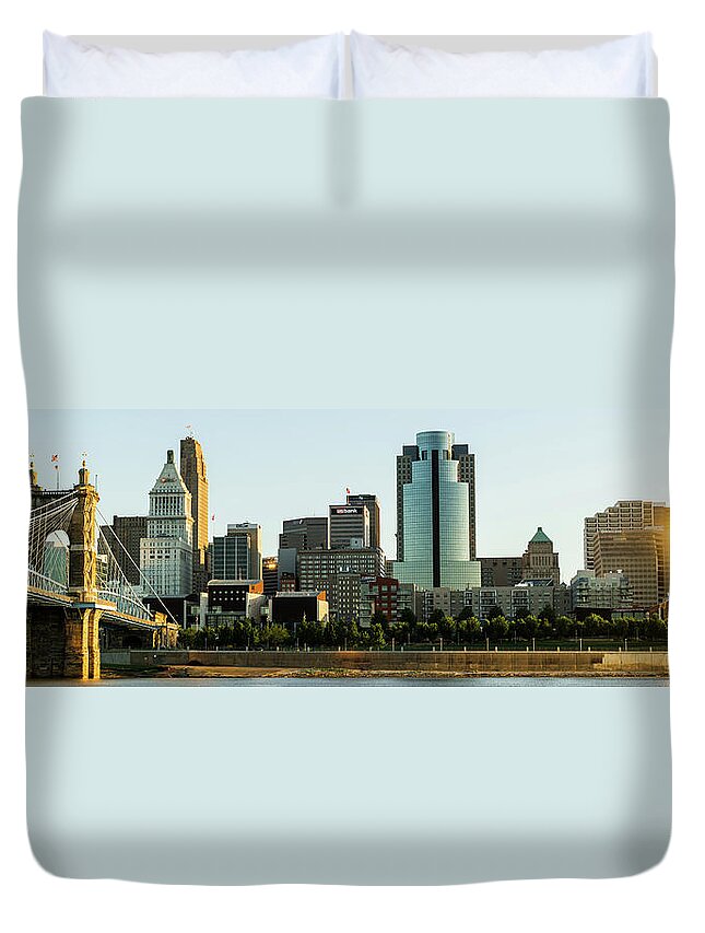 Cincinnati Skyline Duvet Cover featuring the photograph Cincinnati Skyline at Sunrise Panoramic in Color by Gregory Ballos