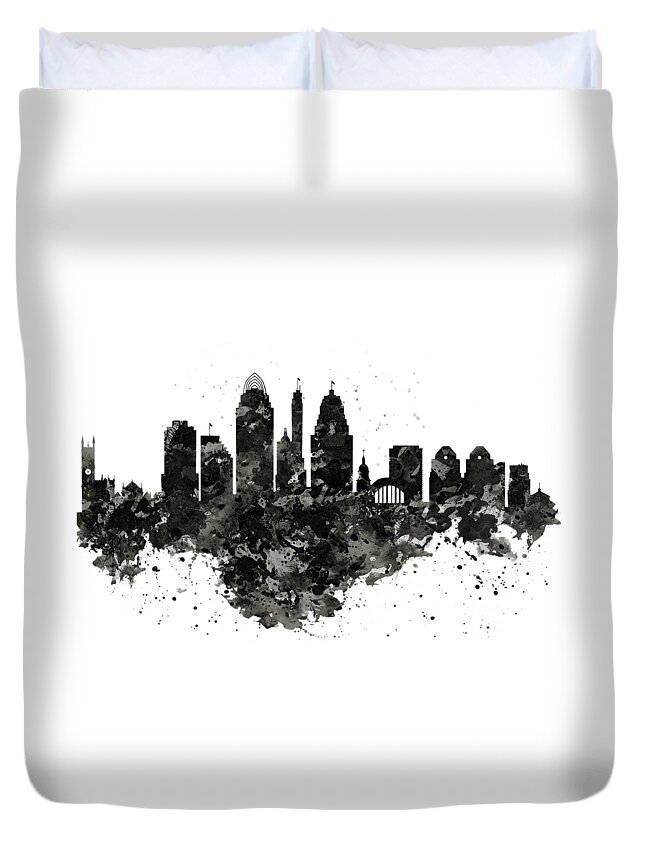 Cincinnati Duvet Cover featuring the painting Cincinnati Skyline Black and White by Marian Voicu