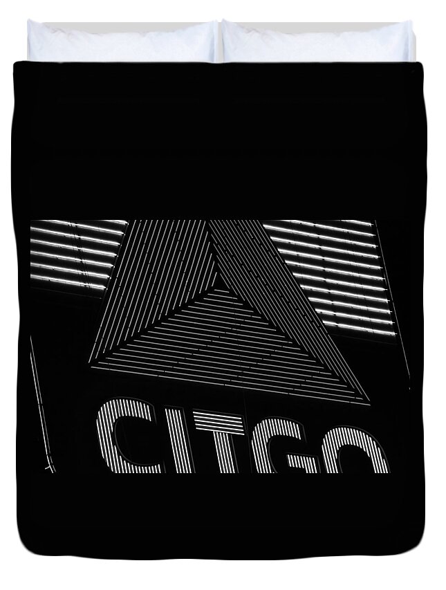 Boston Duvet Cover featuring the photograph Citgo Sign Closeup Boston MA Black and White by Toby McGuire