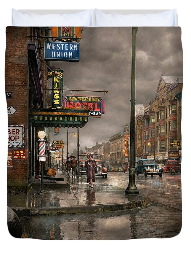 Colorized Duvet Cover featuring the photograph City - Amsterdam NY - Call 666 for Taxi 1941 by Mike Savad