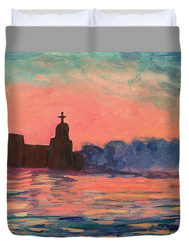 Citiscape Duvet Cover featuring the painting City by the sea by Maura Satchell