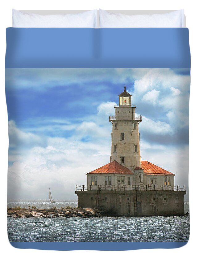 Chicago Duvet Cover featuring the photograph City - Chicago IL - Chicago harbor lighthouse by Mike Savad