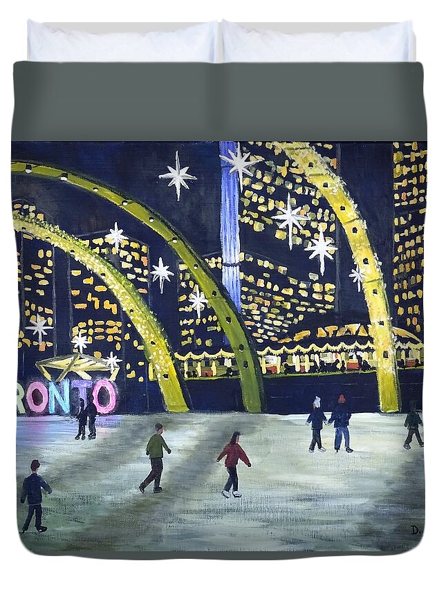 Toronto. Toronto Sign Duvet Cover featuring the painting City Hall Christmas by Diane Arlitt