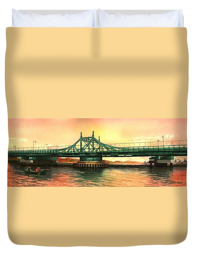 City Island Duvet Cover featuring the painting City Island Bridge Fall by Marguerite Chadwick-Juner