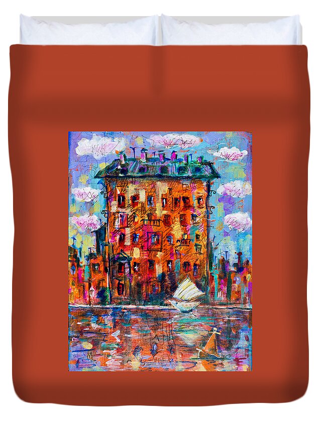 City Duvet Cover featuring the painting Cityscape with a sailing boat by Maxim Komissarchik