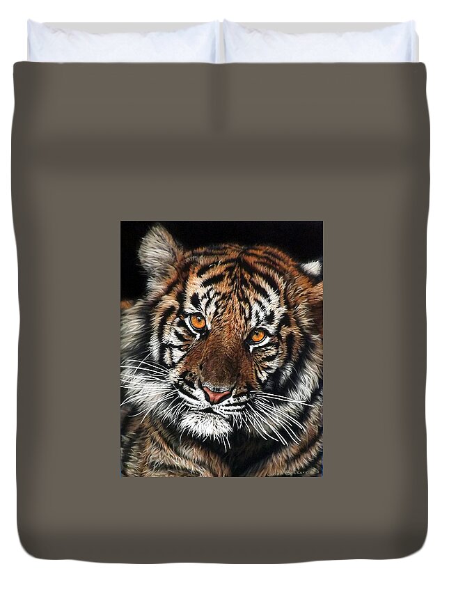 Tiger Duvet Cover featuring the painting CJ by Linda Becker