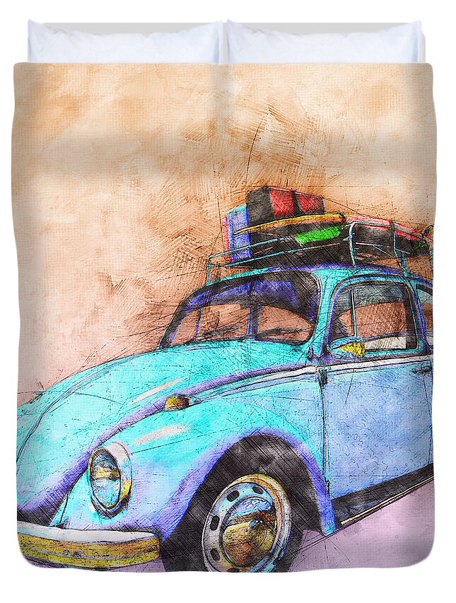 Classic Duvet Cover featuring the digital art Classic Road Trip Ride Watercolour Sketch by Chas Sinklier