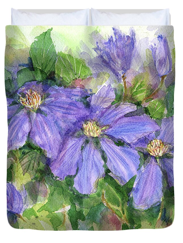 Clematis Duvet Cover featuring the painting Clematis by Garden Gate