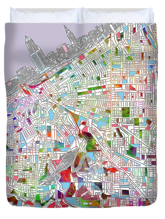 Cleveland Duvet Cover featuring the painting Cleveland map 2 by Bekim M