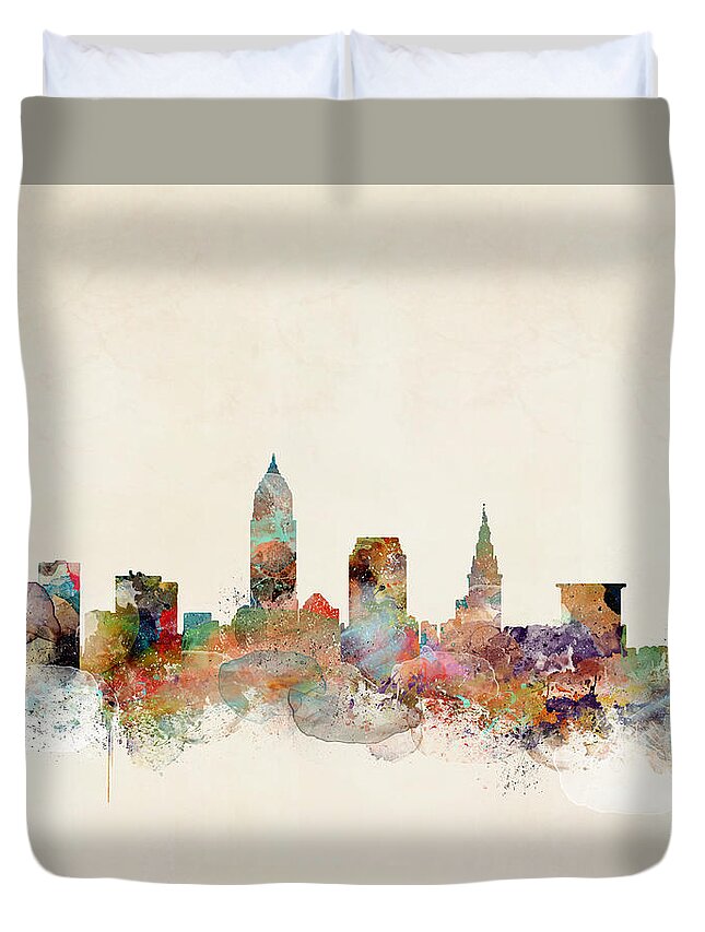 Cleveland City Skyline Duvet Cover featuring the painting Cleveland Ohio Skyline by Bri Buckley