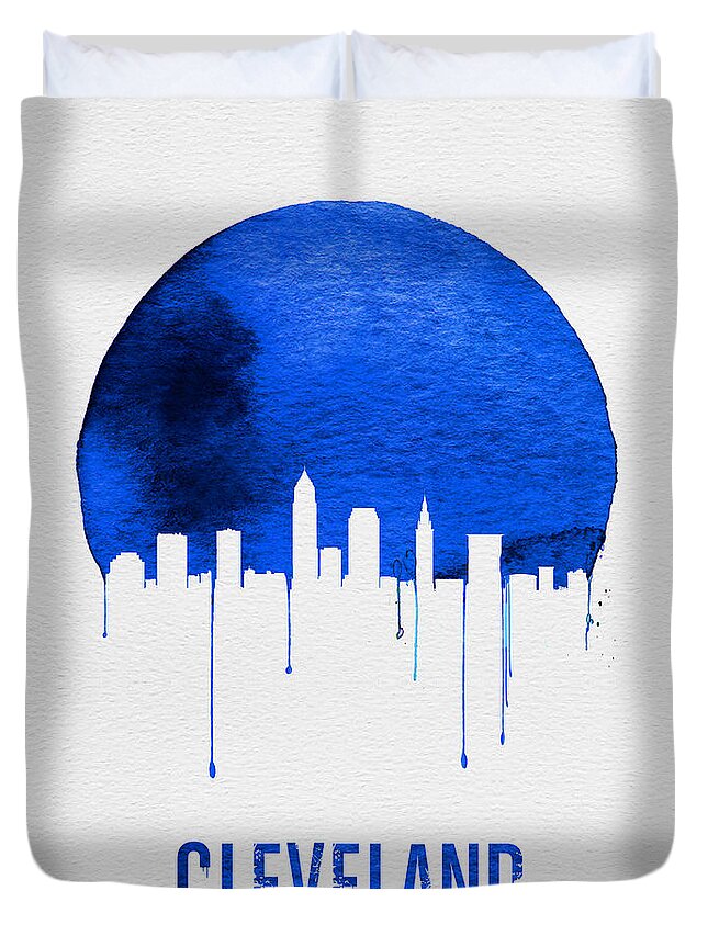 Cleveland Duvet Cover featuring the painting Cleveland Skyline Blue by Naxart Studio