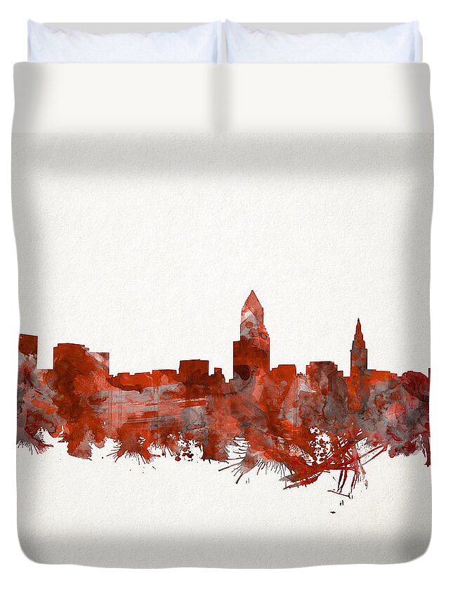 Cleveland Skyline Duvet Cover featuring the painting Cleveland Skyline Watercolor Red by Bekim M