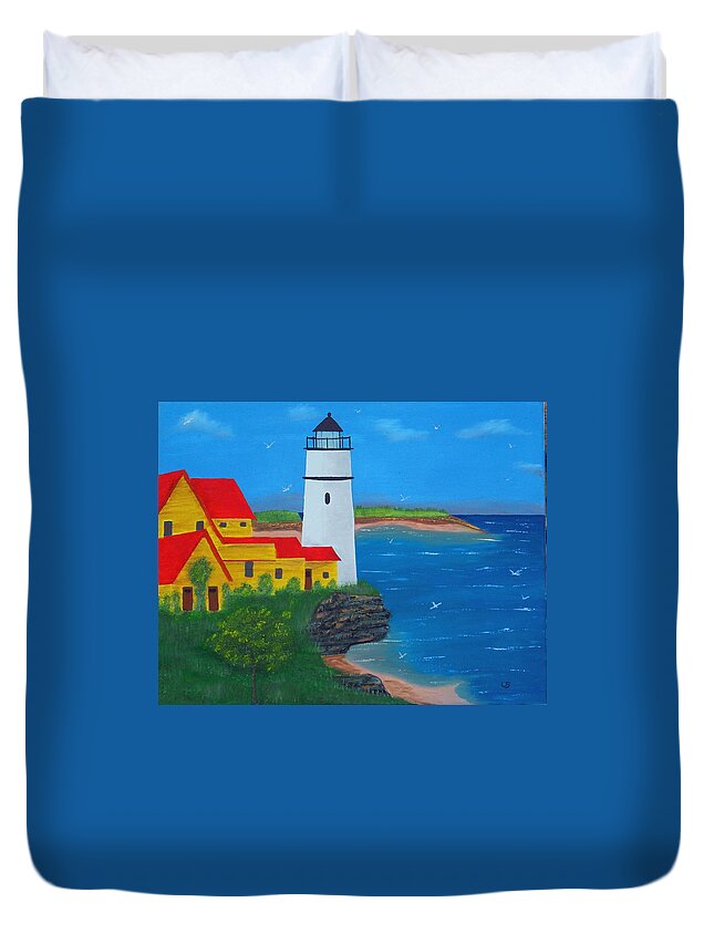 Light House Beach Ocean Blue Trees House Duvet Cover featuring the painting Cliff Light by Lawrence Booth