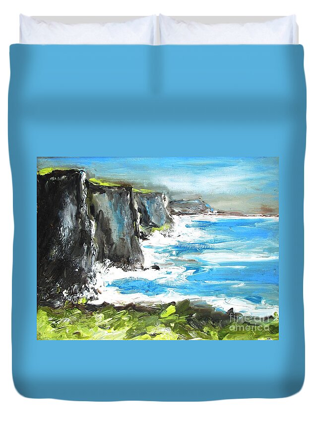 Cliffs Duvet Cover featuring the painting Painting of Cliffs of moher county clare ireland by Mary Cahalan Lee - aka PIXI