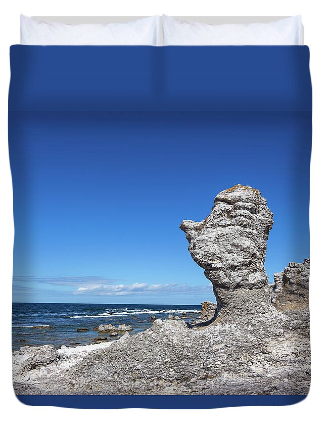 Sea Duvet Cover featuring the photograph Cliffs on Faro island in Sweden by GoodMood Art