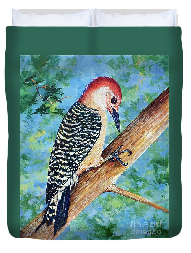 Woodpecker Duvet Cover featuring the painting Climbing by AnnaJo Vahle
