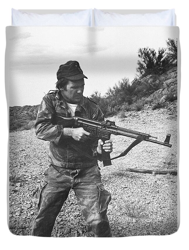 Close Up Barry Sadler Shooting Another Type Of His Numerous Machine Guns Tucson Arizona 1971 Duvet Cover featuring the photograph Close up Barry Sadler shooting another type of his numerous machine guns Tucson Arizona 1971 by David Lee Guss