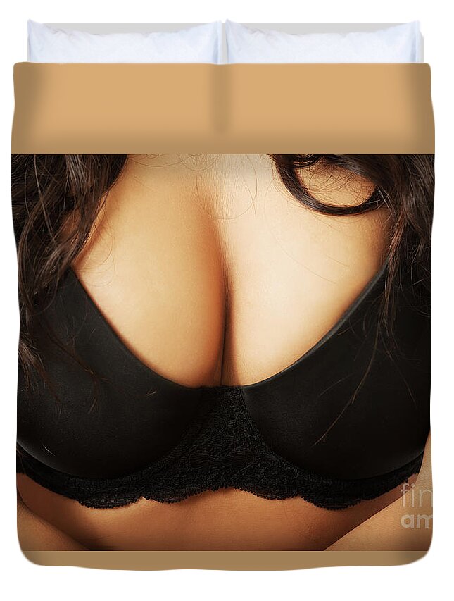 Close up on female boobs in black bra Duvet Cover by Piotr Marcinski - Fine  Art America