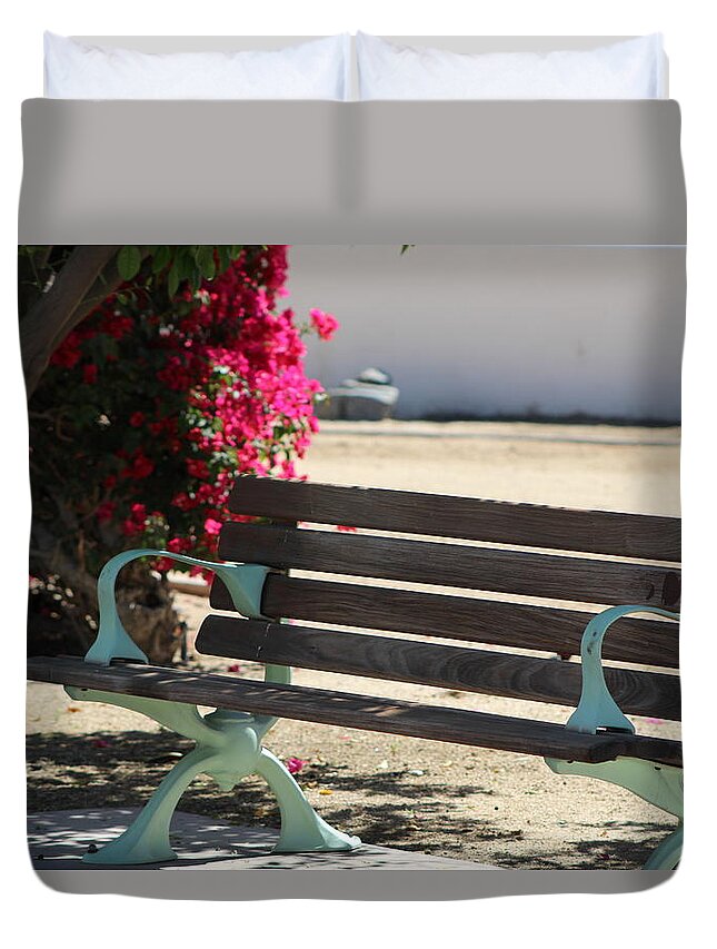 Park Bench Duvet Cover featuring the photograph Closeup of Park Bench in La Quinta by Colleen Cornelius