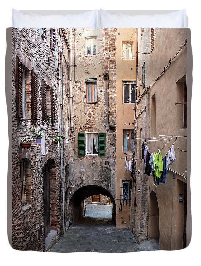 Canon Duvet Cover featuring the photograph Clothes Line in Siena Italy by John McGraw