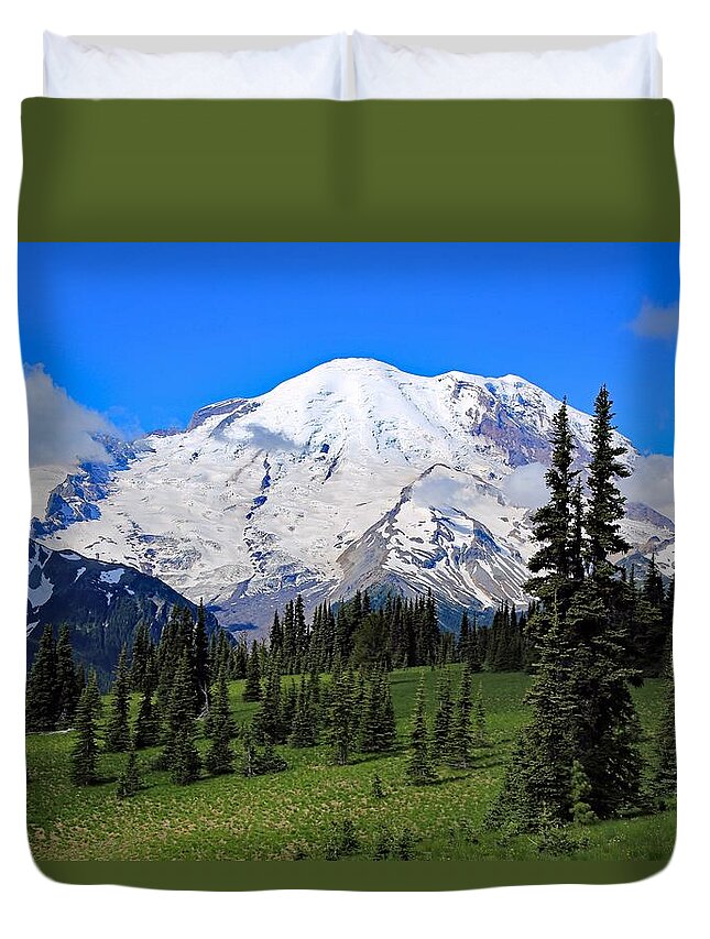 Clouds Clearing At Mount Rainier 2 Duvet Cover featuring the photograph Clouds clearing at Mount Rainier 2 by Lynn Hopwood