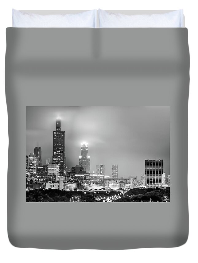 North America Duvet Cover featuring the photograph Cloudy Downtown Chicago Skyline in Black and White by Gregory Ballos