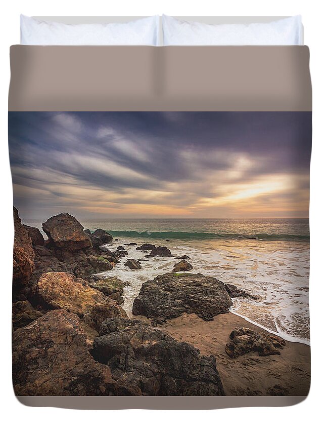 Beach Duvet Cover featuring the photograph Cloudy Point Dume Sunset by Andy Konieczny