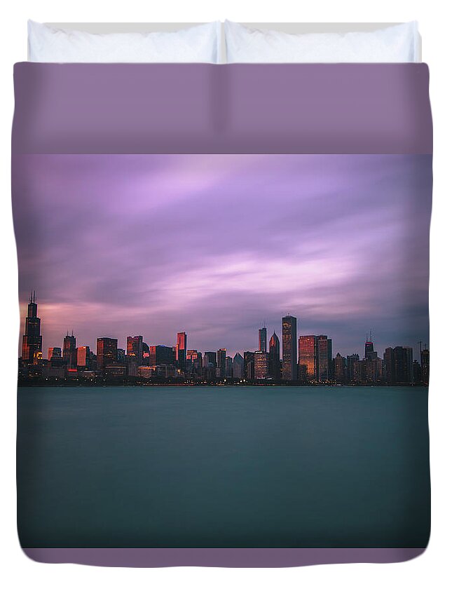 Chicago Duvet Cover featuring the photograph Cloudy sunset Chicago skyline by Jay Smith