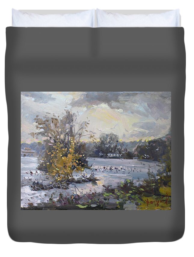 Cloudy Sunset Duvet Cover featuring the painting Cloudy Sunset in Niagara Falls River by Ylli Haruni