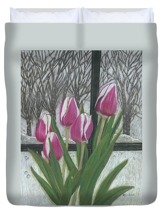 Tulips Duvet Cover featuring the drawing C'mon Spring by Arlene Crafton
