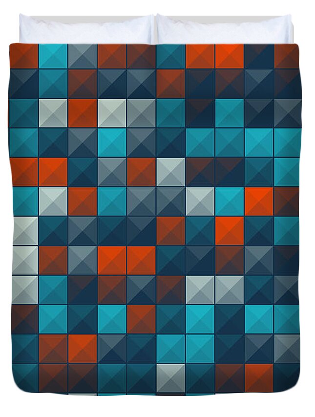 Abstract; Design; Clip Art; Digitally Generated Image; Pattern; Background; Vector; No People; Illustration And Painting; Simplicity; Color Image; Computer Graphic; Geometric; Geometric Shape; Decoration; Wallpaper Pattern; Shape; Geometric Pattern; Square; Colorful; Flat; Flat Design; Artwork; Triangle; Polygon; Mosaic; Diagonal; Pyramid; Top View; Blue; Red; Gray Duvet Cover featuring the digital art Coast Abstract Triangle Shape Pattern by Frank Ramspott