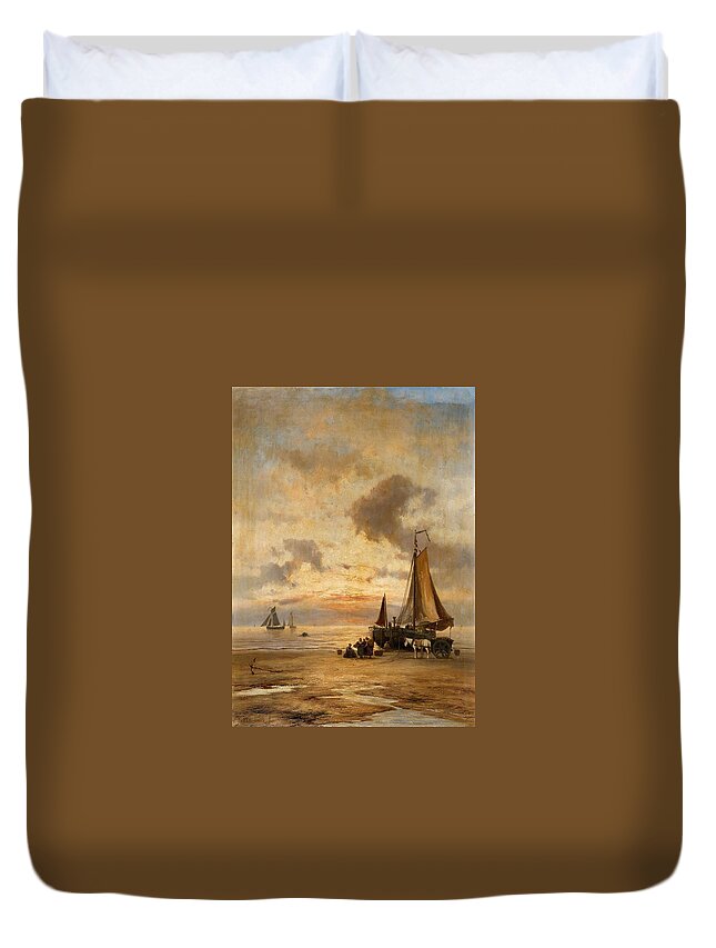 Johannes Herman Barend Koekkoek Duvet Cover featuring the painting Coastal Landscape at Evening by MotionAge Designs