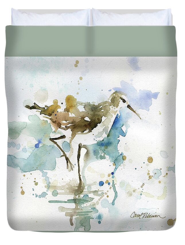 Beach Coastal Bird Sandpiper Teal Brown Watercolor Duvet Cover featuring the painting Coastal Sandpiper 1 by Carol Robinson