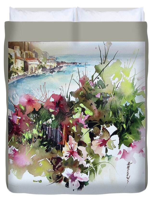 Watercolor Duvet Cover featuring the painting Coastal Vista 2, Spain by Rae Andrews