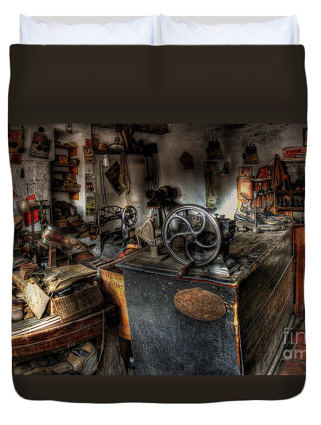 Art Duvet Cover featuring the photograph Cobbler's Shop by Yhun Suarez