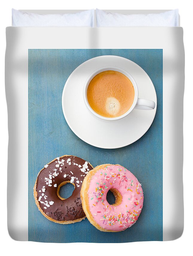 Coffee Duvet Cover featuring the photograph Coffee and Baked Donuts by Anastasy Yarmolovich