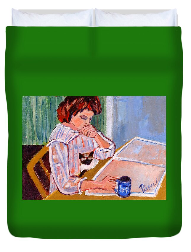 Reading The Newspaper Duvet Cover featuring the painting Coffee and Cat by Betty Pieper
