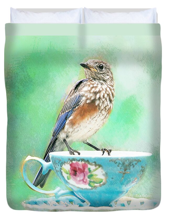 Bluebird Duvet Cover featuring the painting Coffee Tea Or Me by Tina LeCour