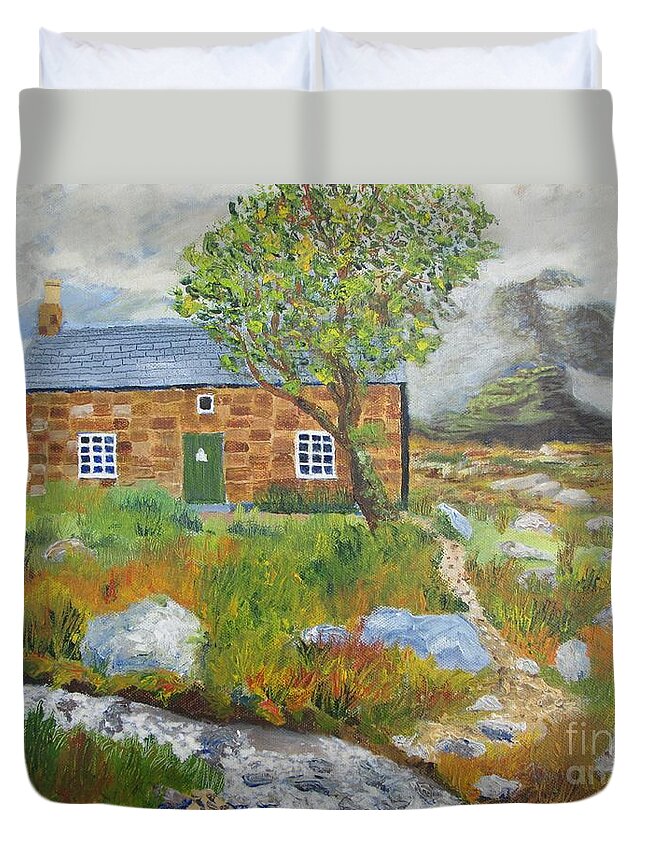 Coire Fionnaraich Bothy Duvet Cover featuring the painting Coire Fionnaraich Bothy Mountain Rescue Coulags Scottish Highlands by Edward McNaught-Davis